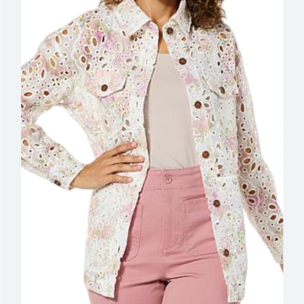 Kathy Ireland Cream Eyelet Floral Shirt Jacket NWT XL Lightweight Spring - Picture 8 of 13